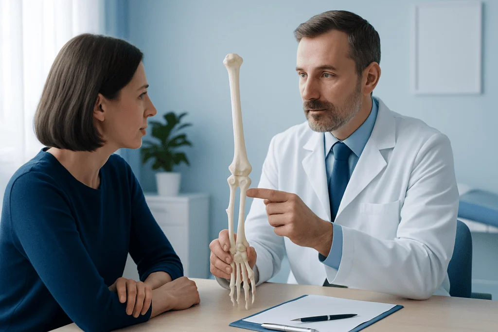 Orthopedic doctor explaining ulnar fracture to patient with model bone.