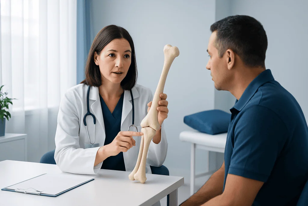 Doctor explaining bone healing process to patient with a bone model.