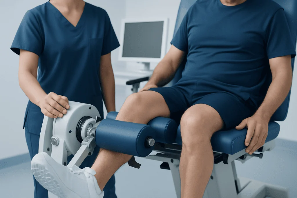 Patient undergoing knee extension therapy with medical professional assistance.