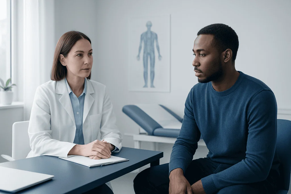 Doctor consulting with patient in a medical office setting.