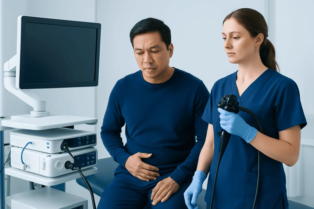 Doctor performing a medical examination on a patient in a clinical setting.