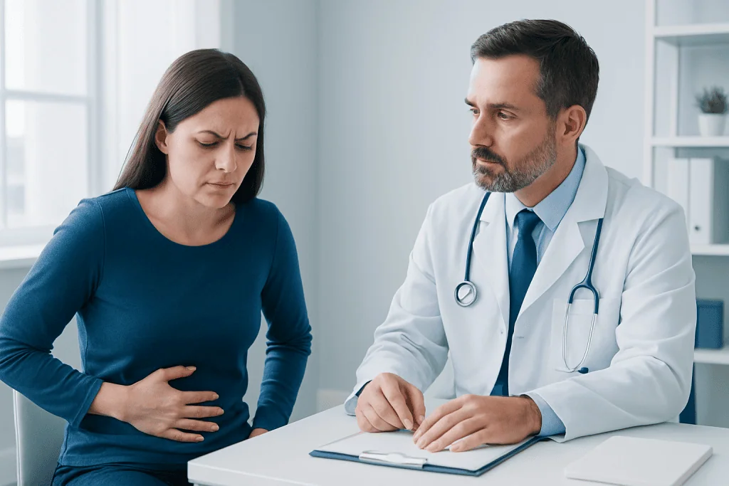 Woman experiencing stomach pain consulting with doctor in clinic.