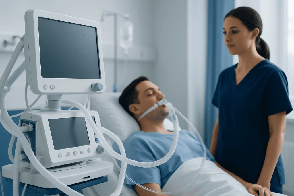 Hospital patient on ventilator with nurse in ICU setting.