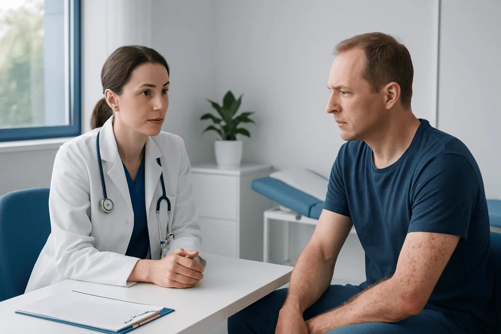 Doctor consulting patient with skin rash in a medical office.