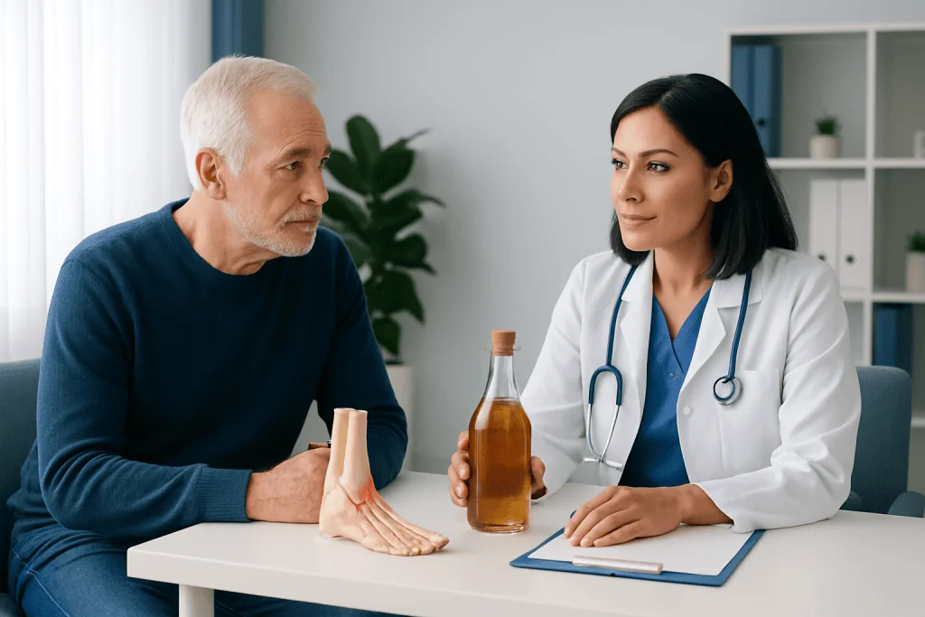 Doctor consulting with elderly patient about gout treatment options.