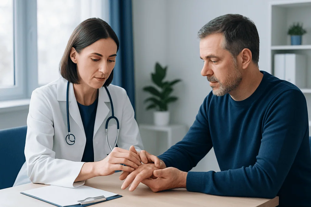 Doctor examining a patient's hand for gout symptoms in a clinical setting.