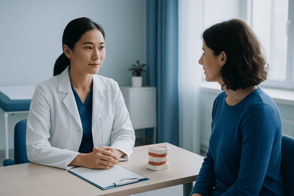 Doctor consulting with patient about gum health in a medical office.