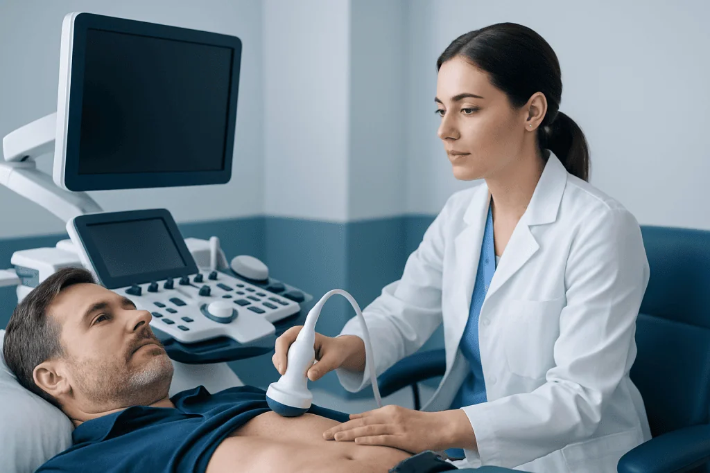 Doctor performing an ultrasound examination on a male patient in a hospital setting.