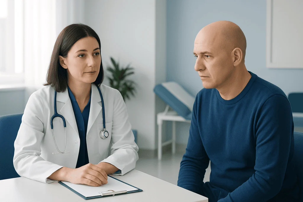 Doctor consulting with male patient in a medical office.