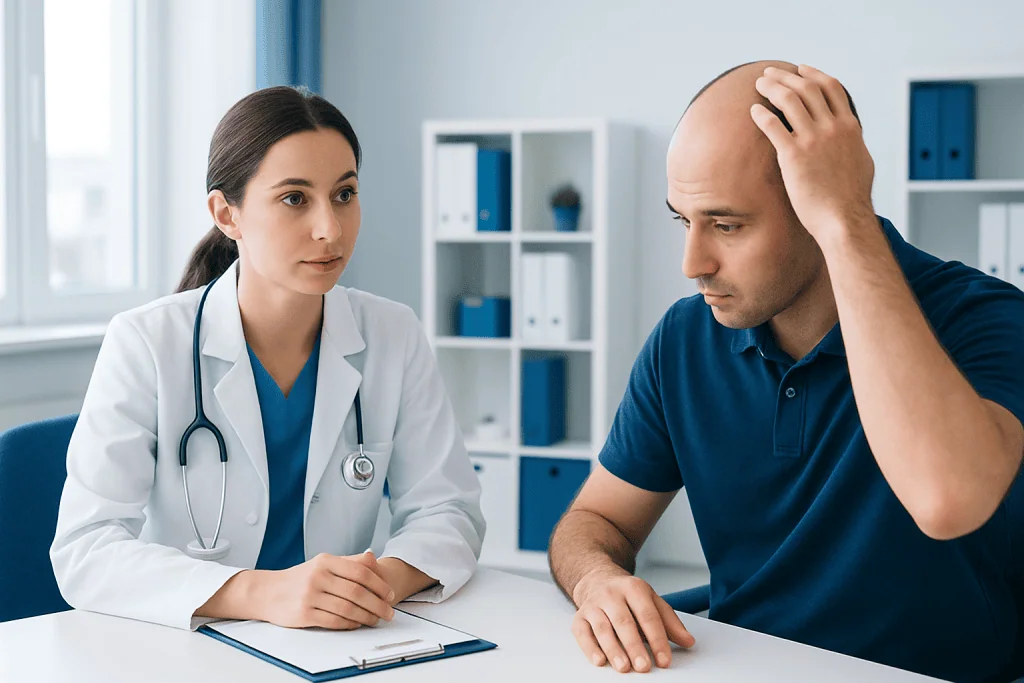 Doctor consulting with a male patient about health concerns in a medical office.