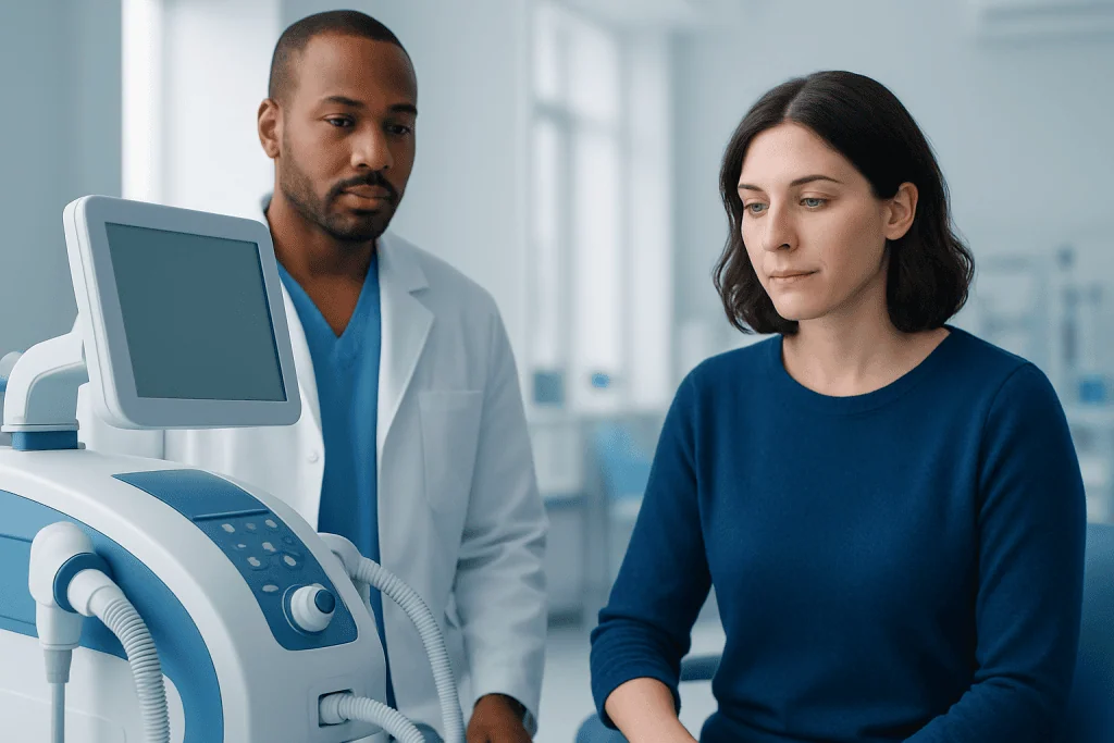 Medical consultation with a doctor and patient in a hospital setting.