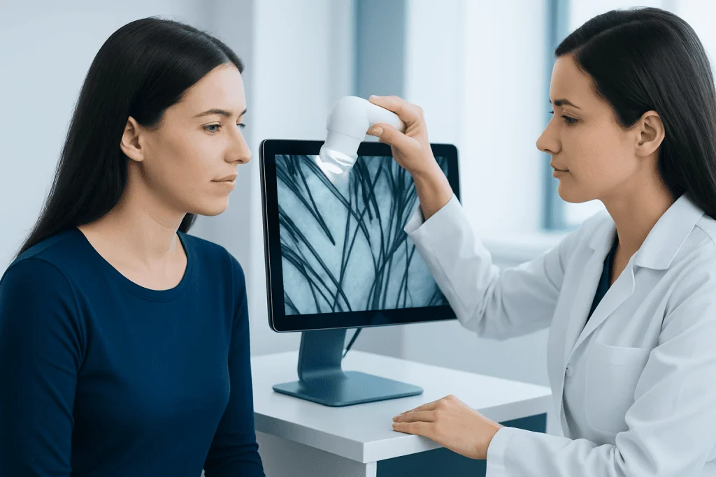 Medical professional examines woman's scalp using a specialized device.