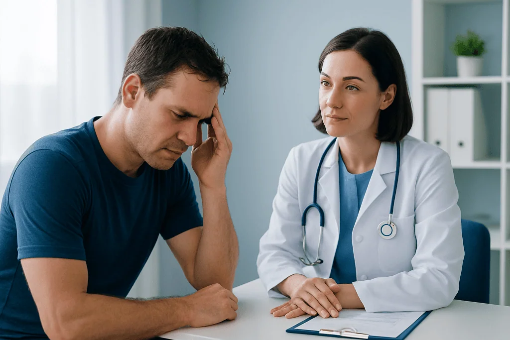 Doctor consulting with a patient experiencing headache symptoms.
