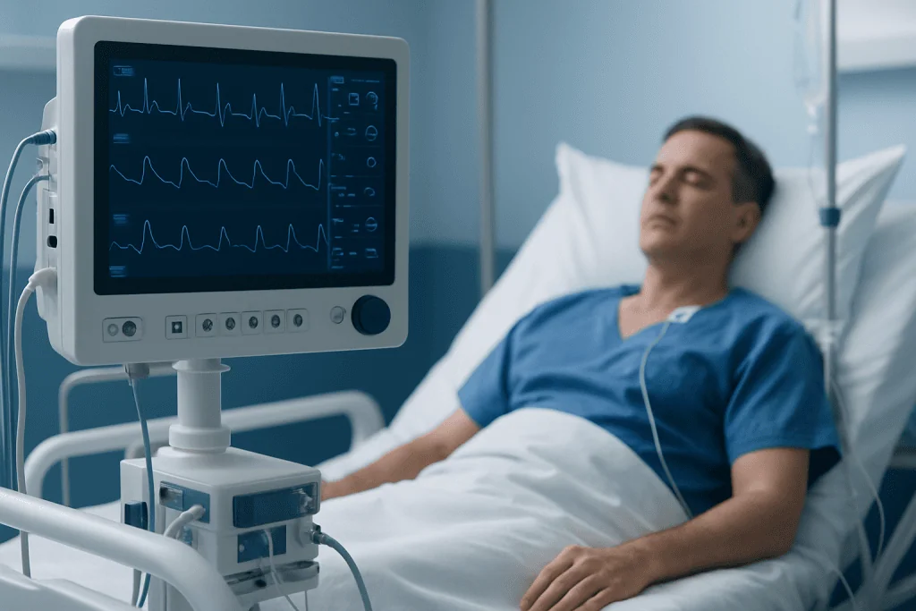 Patient in hospital bed monitored by ECG machine after heart surgery.