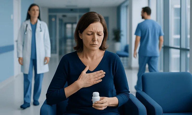 Woman experiencing chest pain in hospital waiting area with medical staff nearby.