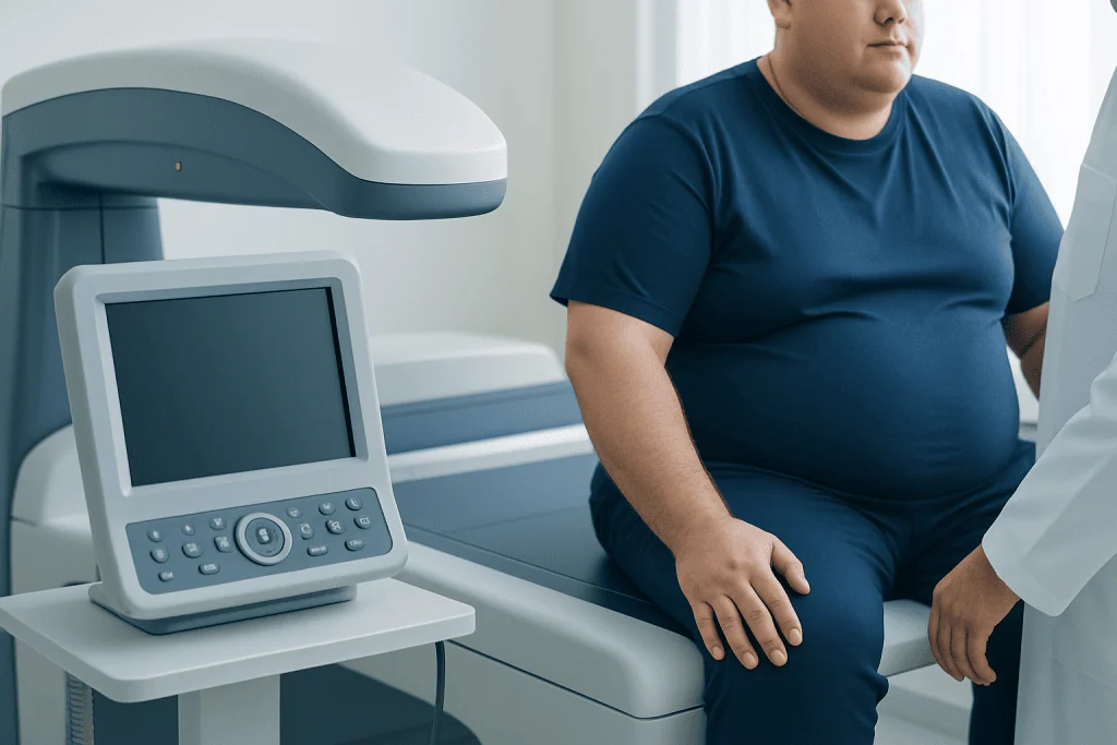 Obese man undergoing medical examination at Acibadem Hospital.