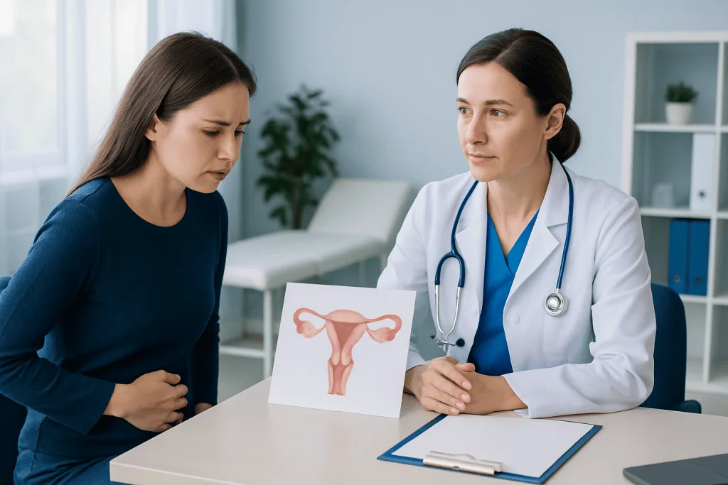 Doctor explaining ovarian cysts to patient in a medical consultation.
