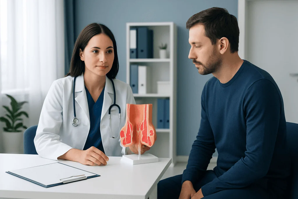 Doctor explaining hemorrhoid treatment to patient with anatomical model.