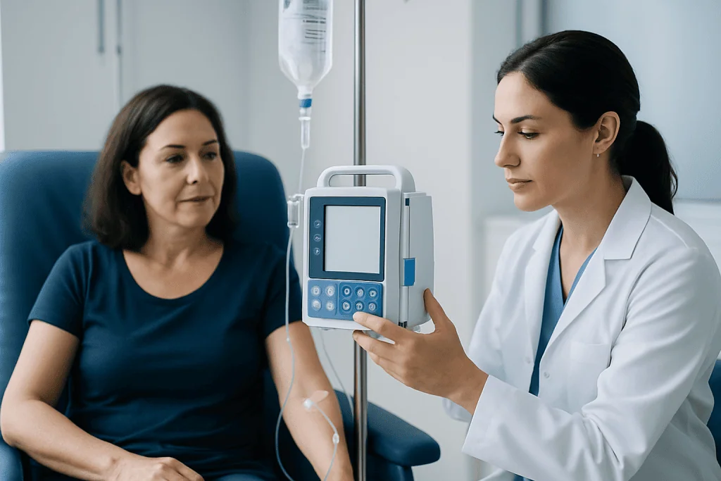 Doctor administering IV treatment to a patient in a hospital setting.