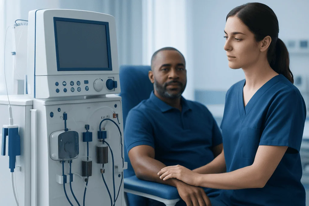 Medical professional and patient in a hospital dialysis room.