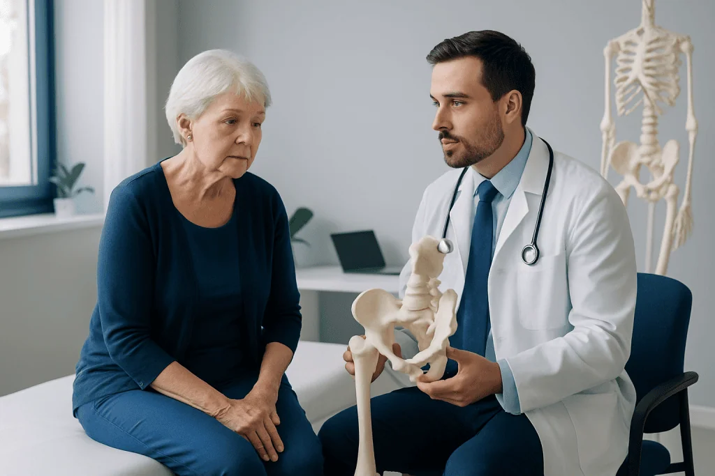 Doctor explaining hip anatomy to elderly woman in medical consultation room.