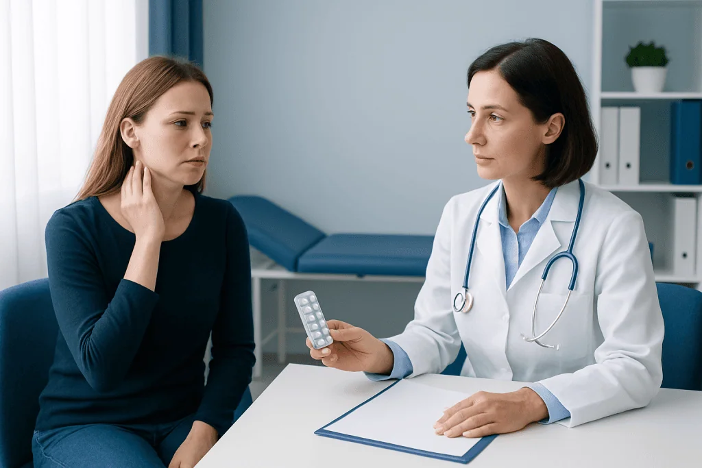 Doctor explaining medication to young woman in clinic setting.