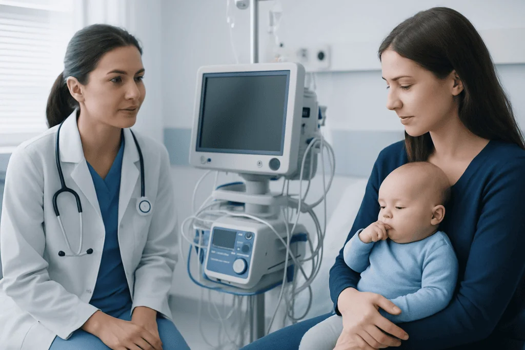 Pediatric consultation in hospital with doctor and mother with baby.