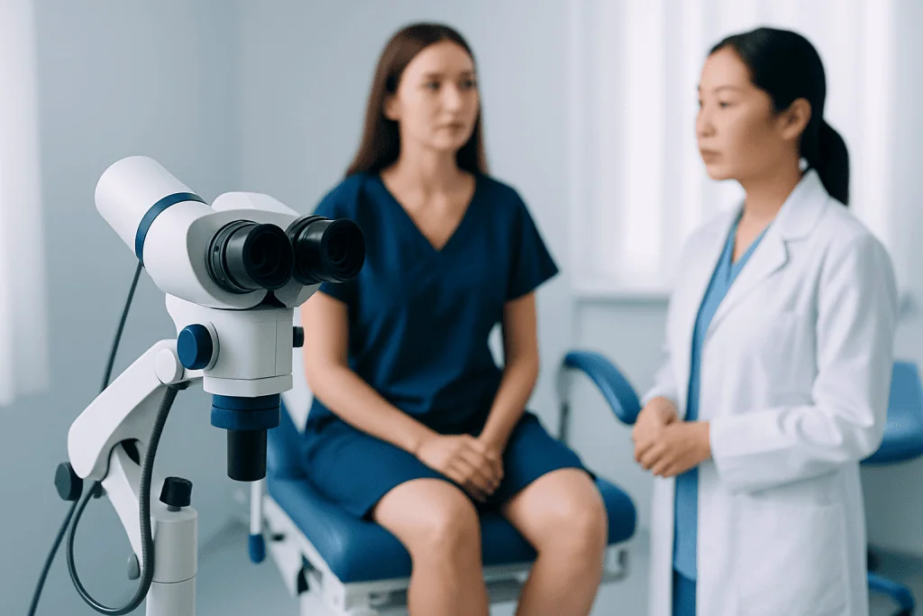 Doctor and patient in a medical consultation with a microscope in the foreground.