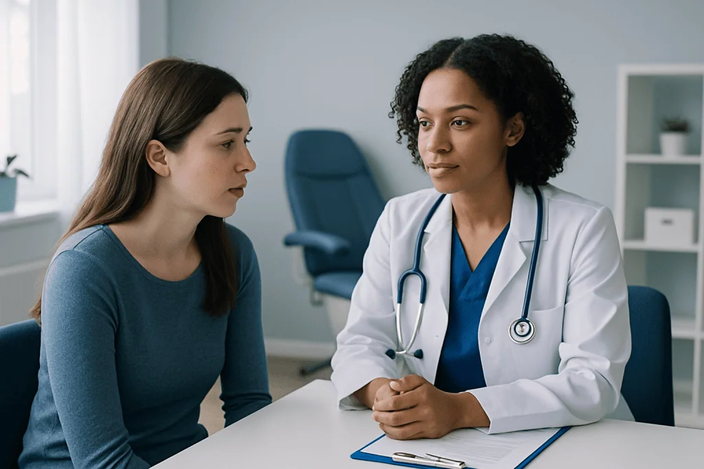 Doctor consulting with a female patient in a medical office setting.