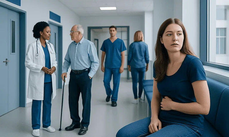 Health Library 10 Young woman waiting in hospital corridor with medical staff and patients.
