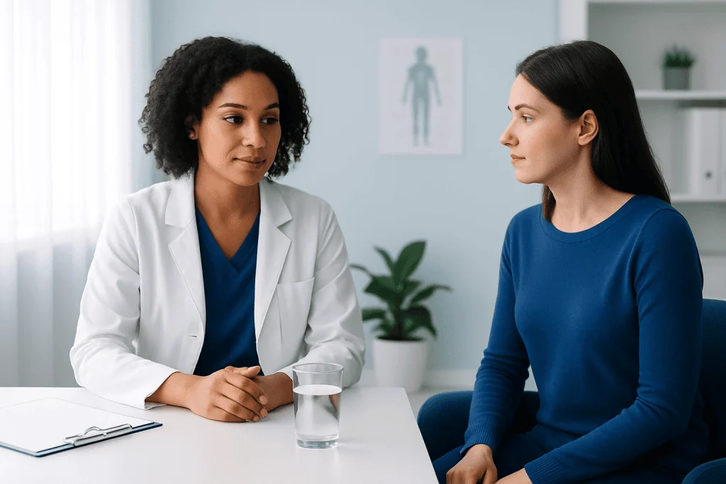 Doctor consulting with patient in a medical office setting.