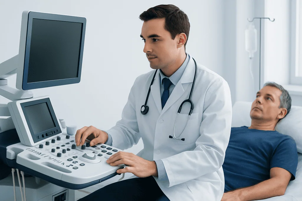 Doctor performing ultrasound examination on male patient in hospital.