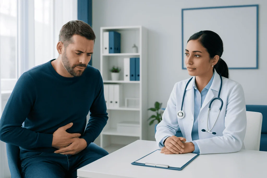 Doctor consulting with male patient in a medical office.