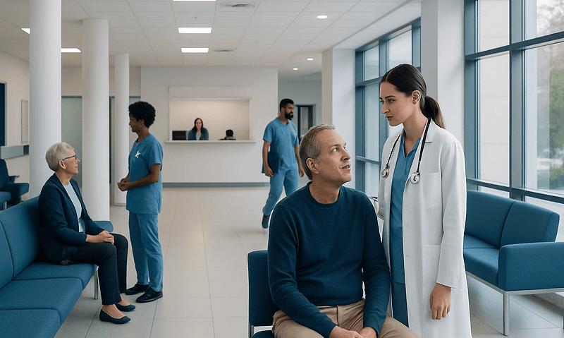 Doctor consulting with a patient in a modern hospital waiting area.