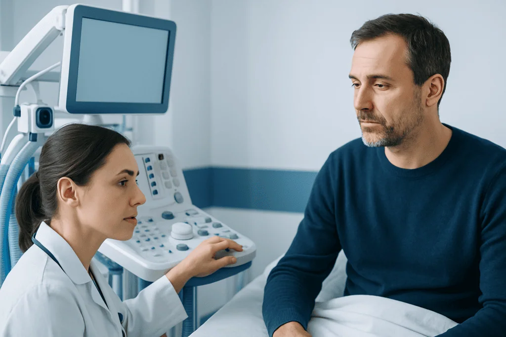 Doctor consulting with male patient in hospital room.
