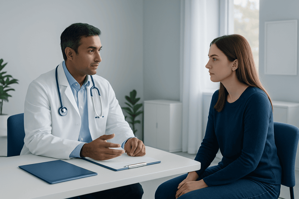 Doctor consulting with a young female patient in a modern clinic.