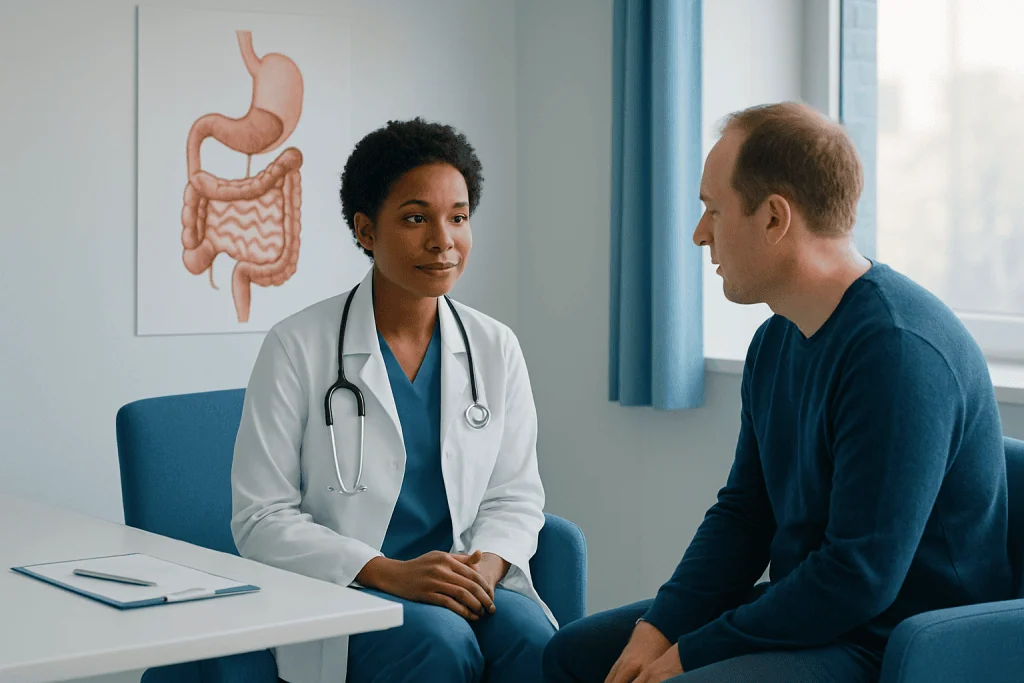 Doctor consulting patient about digestive health in a medical office.