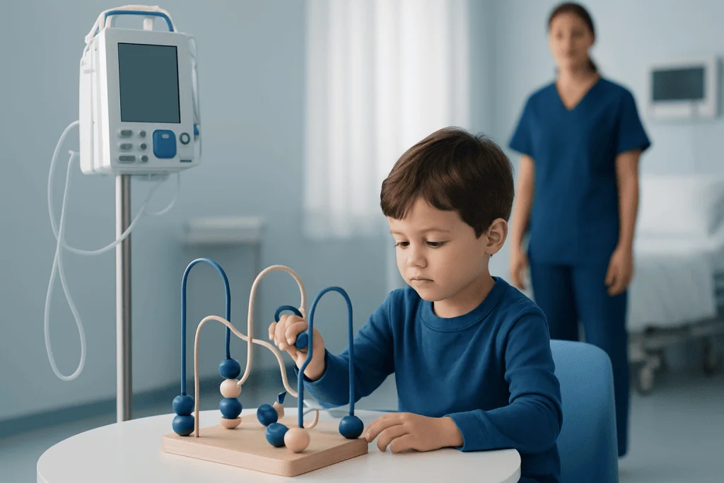 Young boy playing with a bead maze in a hospital room.