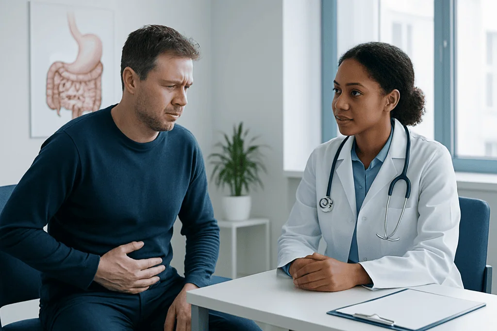 Doctor consulting with male patient about abdominal pain in clinic.
