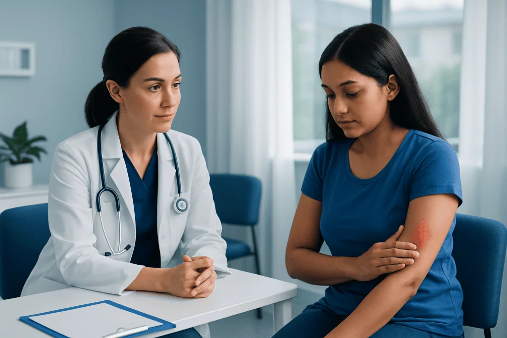 Doctor discussing injection site reaction with patient in clinic.