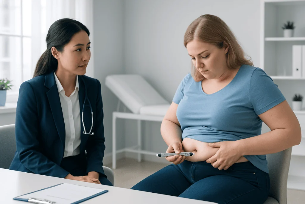 Doctor explaining insulin injection site to patient in a clinical setting.