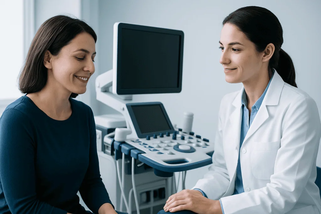 Patient and doctor having a positive conversation in a medical consultation room.