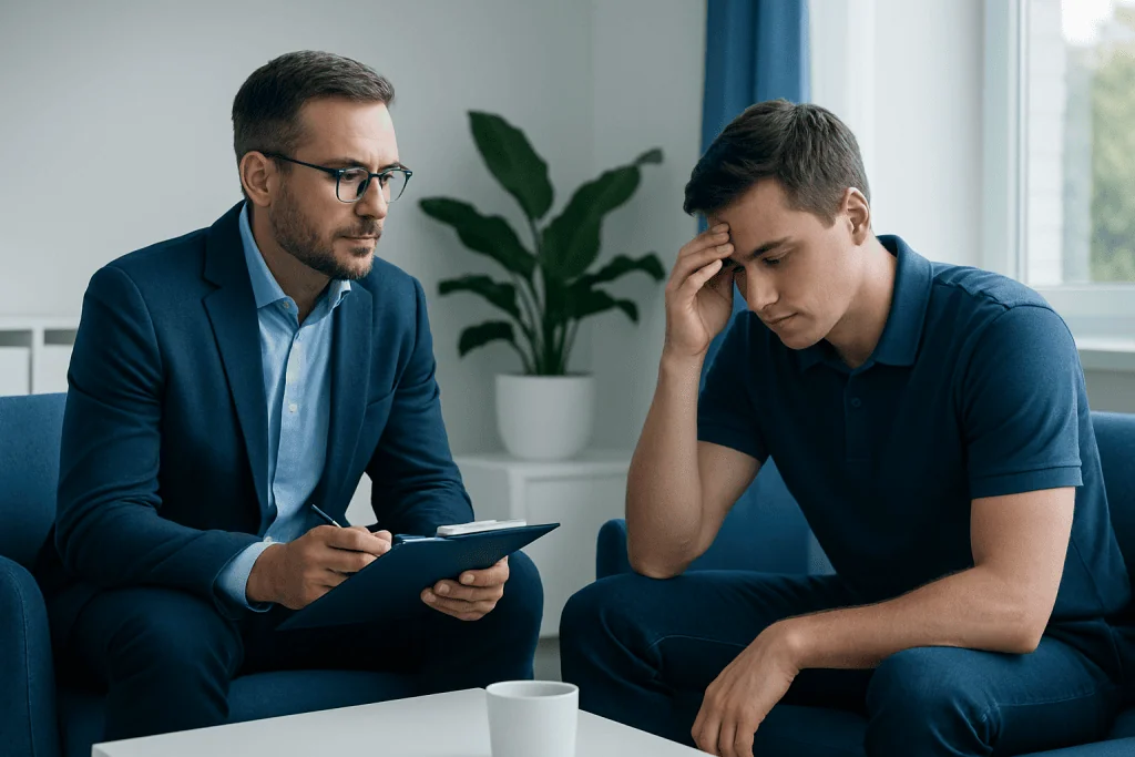 Counselor providing support to a distressed young man during therapy session.