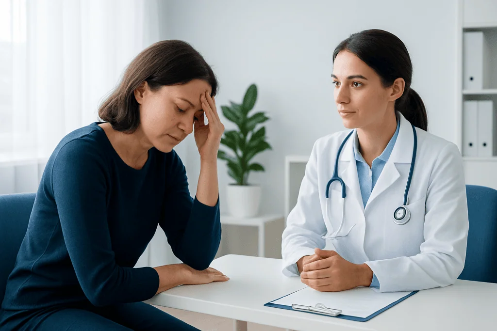 Woman with headache consulting doctor in a medical office.