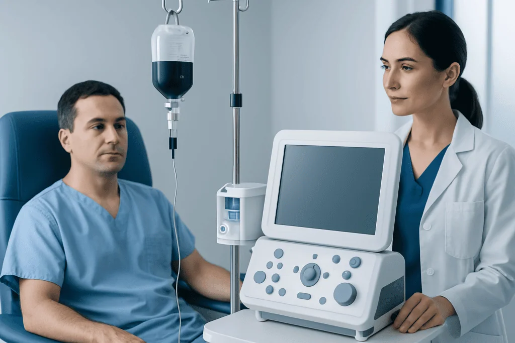 Medical professional monitoring patient with IV drip in hospital room.