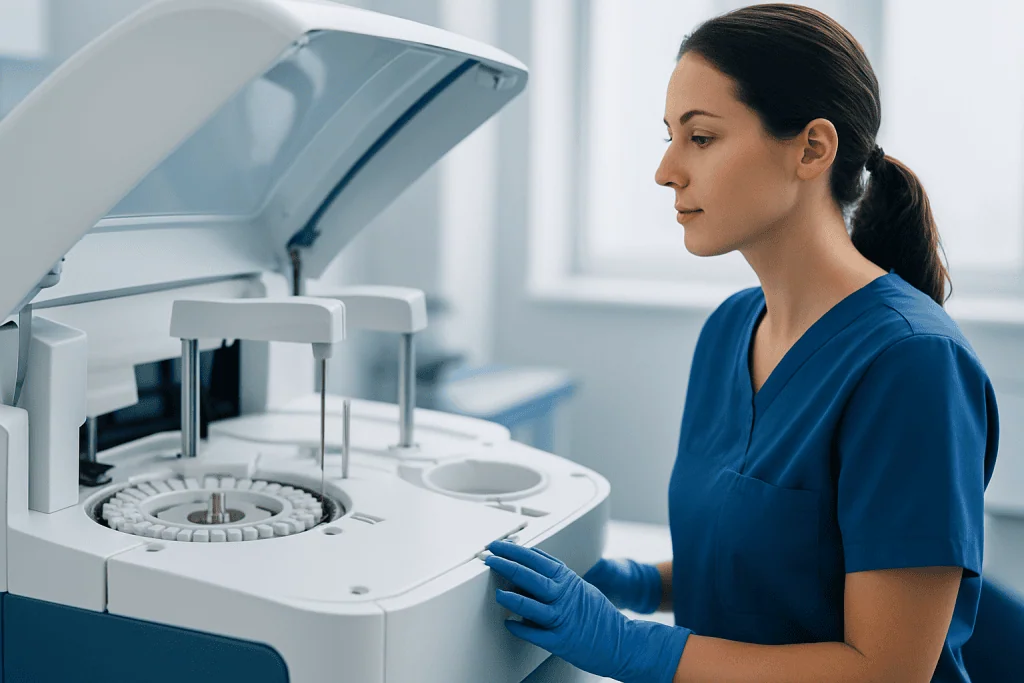 Laboratory technician operating a medical analyzer machine at Acibadem Hospitals.