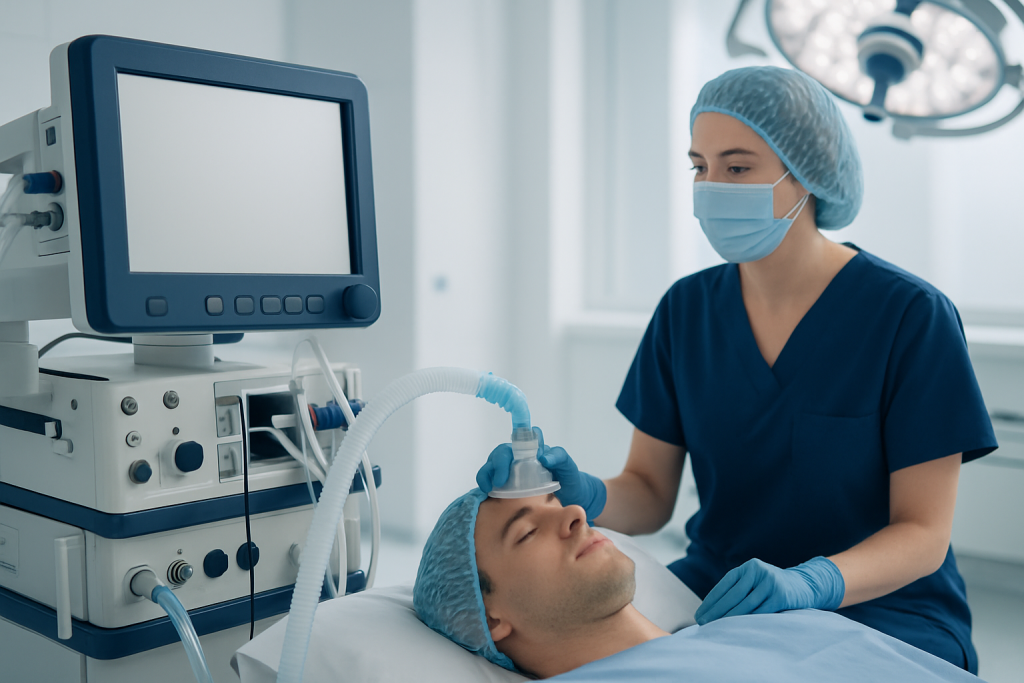 Medical professional performing anesthesia on patient in hospital.