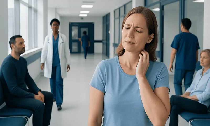 Woman experiencing neck pain in a hospital corridor with medical staff nearby.