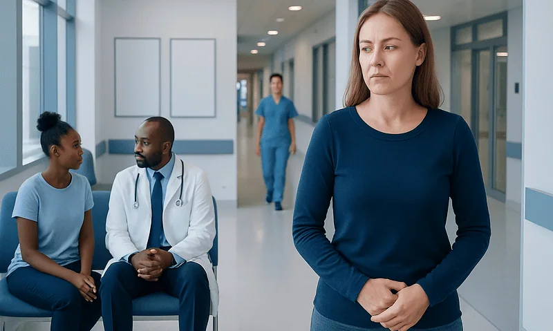 Female patient waiting in hospital corridor with worried expression.
