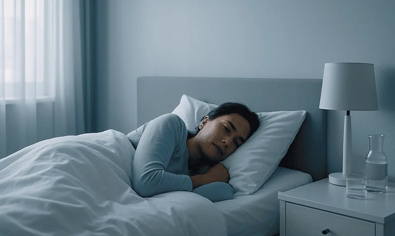 Woman lying in bed with stomach discomfort, nighttime setting.